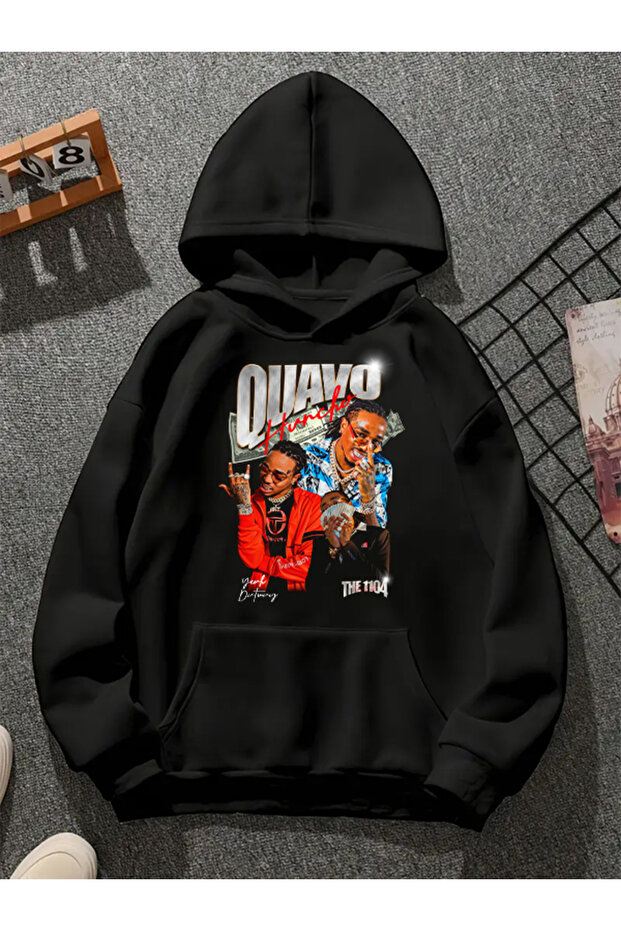 سويت شيرت أسود بقلنسوة مطبوعة من Quavo v2