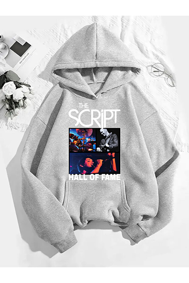 سويت شيرت رمادي بقلنسوة مطبوع عليه script v1 - 1