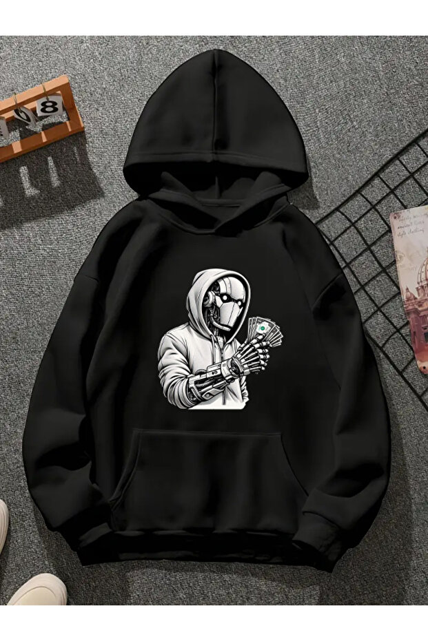 سويت شيرت أسود بقلنسوة مطبوع عليه روبوت - 1