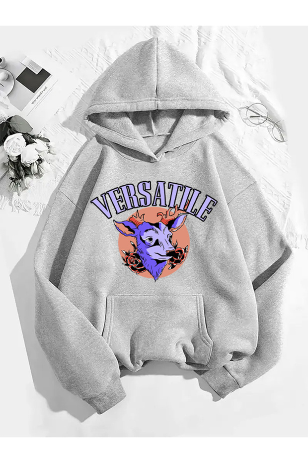 Versatile Printed Hooded Gray Sweatshirt - 1
