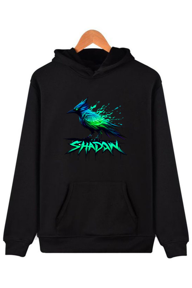 سويت شيرت أسود بقلنسوة مطبوع عليه shadowbird
