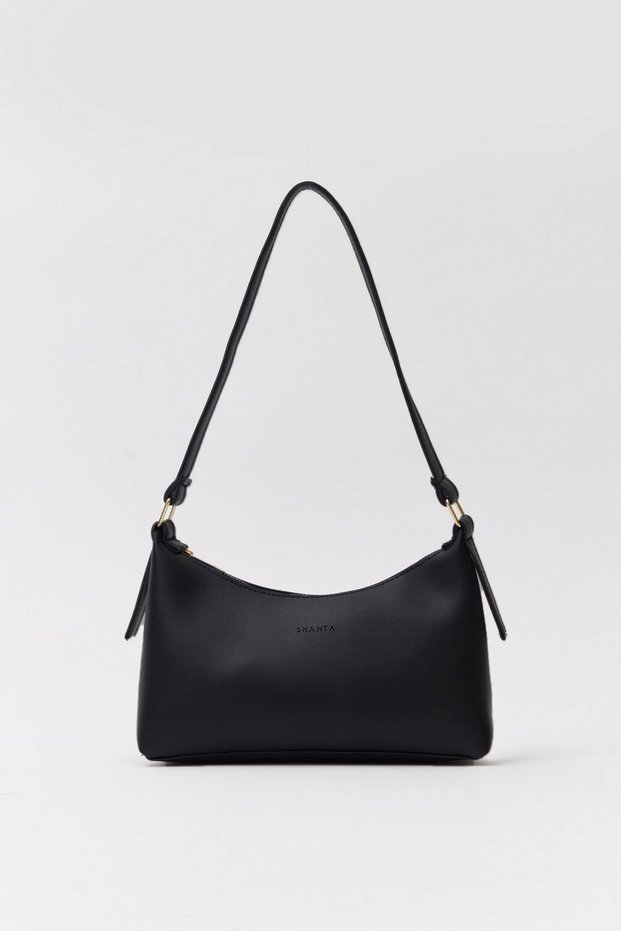 Black D05 Zippered Faux Leather Daily Women's Hand and Shoulder Baguette Bag L:15 E:24 W:9
