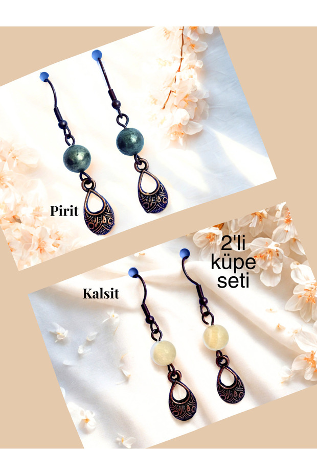 Pyrite & Calcite Natural Stone Bohemian Drop Dangle, Women's 2-Piece Earring Set, Matte Yellow-Yellow