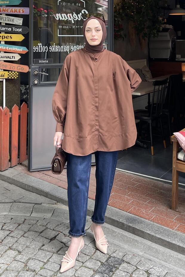 Tunic with Cuff Inserts, Bitter Brown - 1
