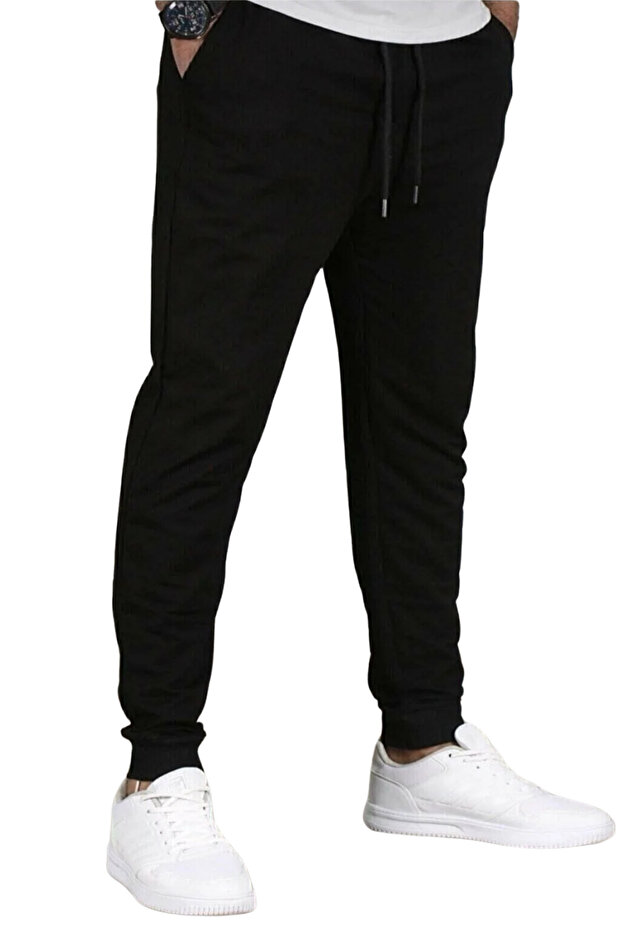 Men's Black Unprinted Slim Fit Jogger Pants with Tapered Legs