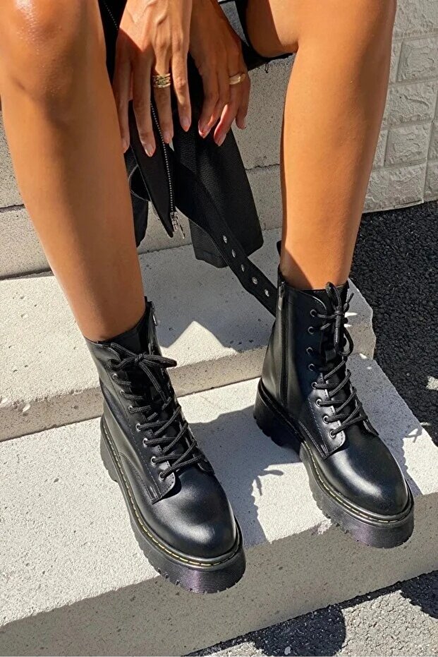 Martines vékony szőrme vízálló téli hócsizma oldalsó varrással, cipzárral, vastag talpú fűzős csizma - 5