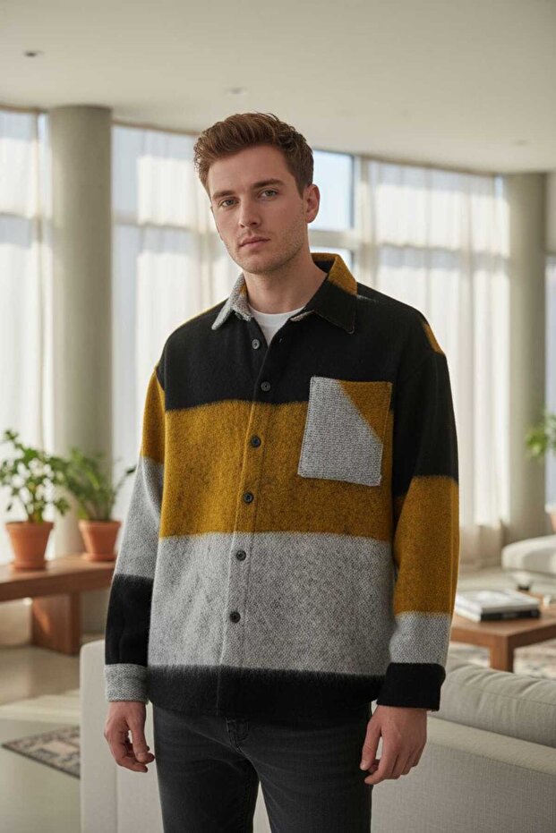 Gri siyah ve sarı renk desenli tam kışlık oduncu gömlek - 8