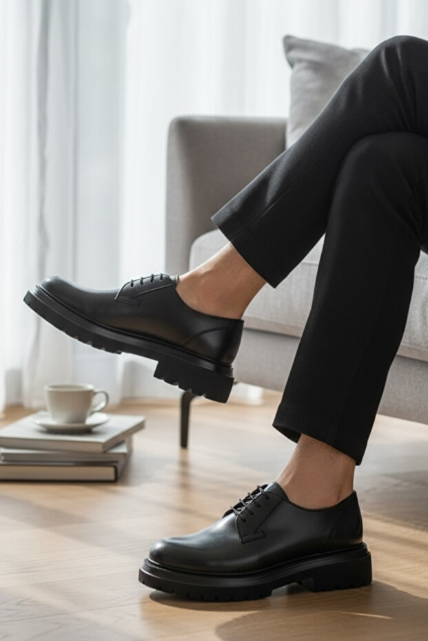 Men's Black Genuine Natural Leather Size 39-46 Lace-Up Oxford Shoes