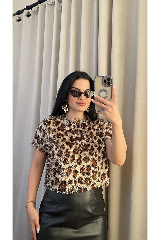 Leopar saçak pullu bluz - 5