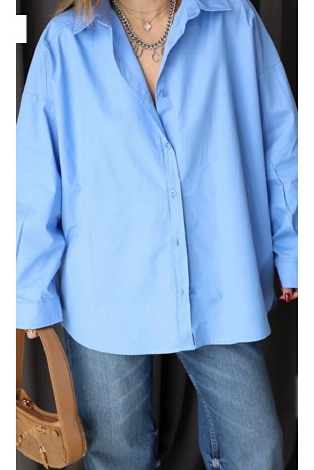 Mavi Poplin Oversize Kadın Gömlek - 3