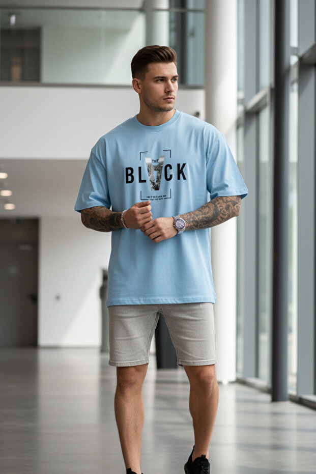 Black Printed Oversize Basic Crew Neck T-Shirt Daily Comfortable