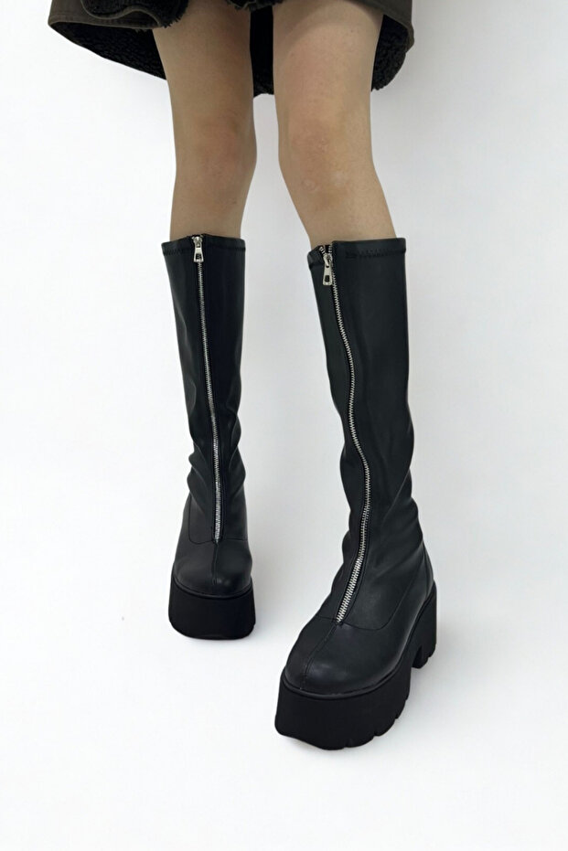 Black Leather Stretch Women's Boots P9030