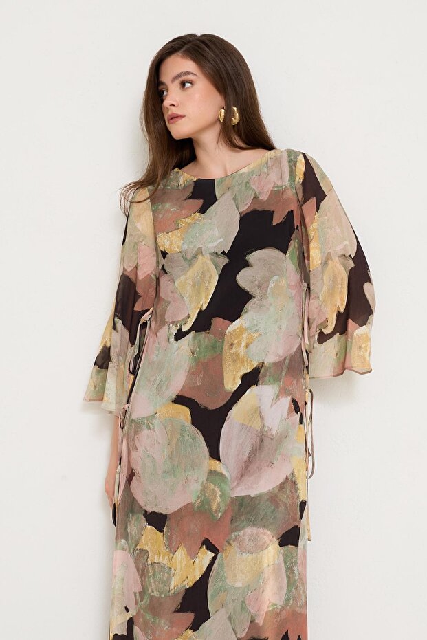 Siyah-Sarı Yandan Bağlama Detaylı Uzun Kollu Desenli Elbise - 2