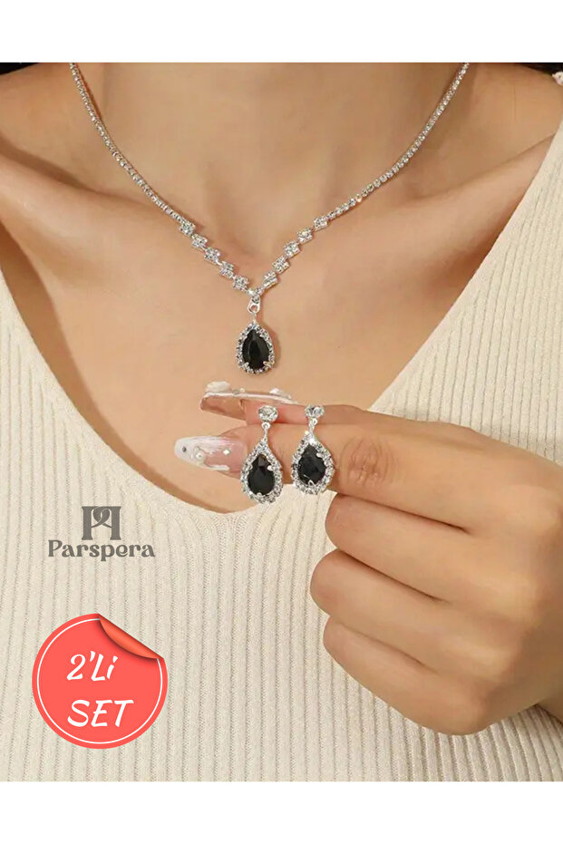 Gümüş Kaplama Su Yolu Zirkon Damla Taşlı Kolye Küpe Seti 2'Lİ Gelin Set Düğün Nişan Davet - 1