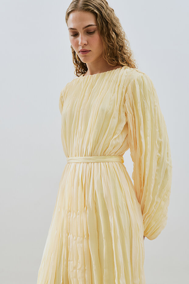PİLİSELİ ŞİFON ELBİSE SOFT SARI - 3