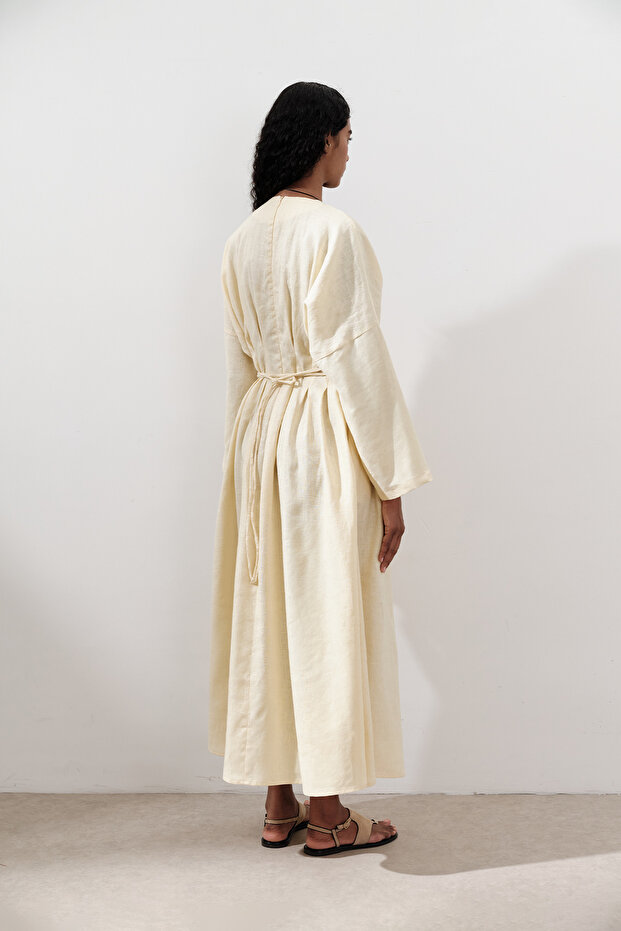 KETEN PİLE DETAYLI ELBİSE SARI - 8