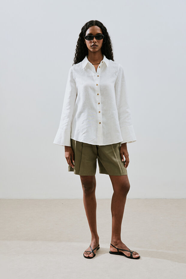 KETEN GENİŞ MANŞETLİ GÖMLEK EKRU - 2