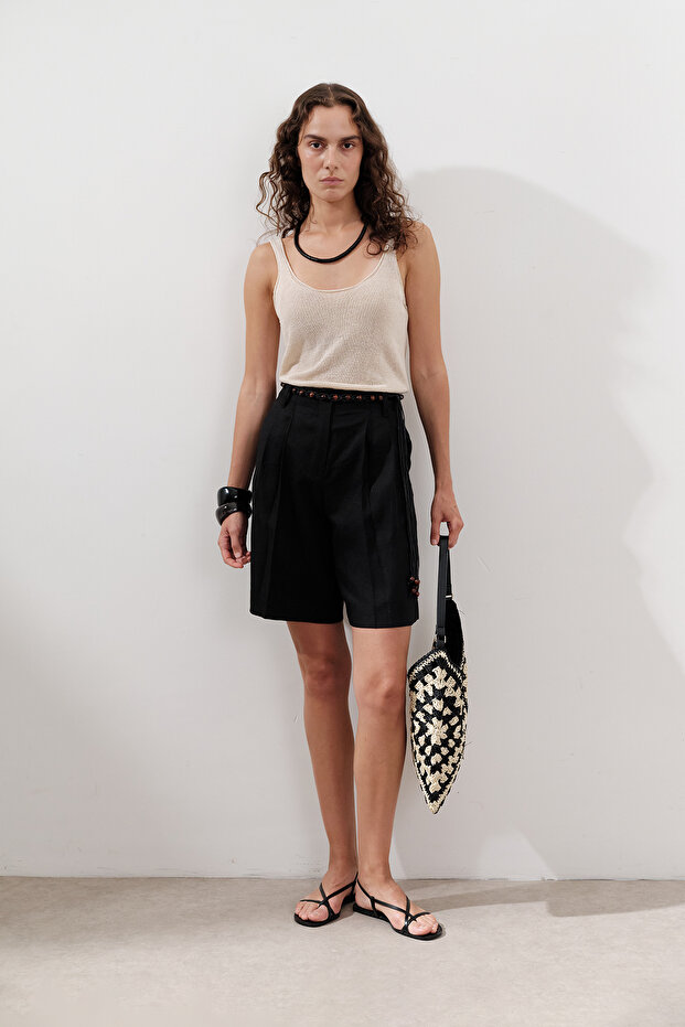 KETEN PİLELİ BERMUDA ŞORT SİYAH - 6