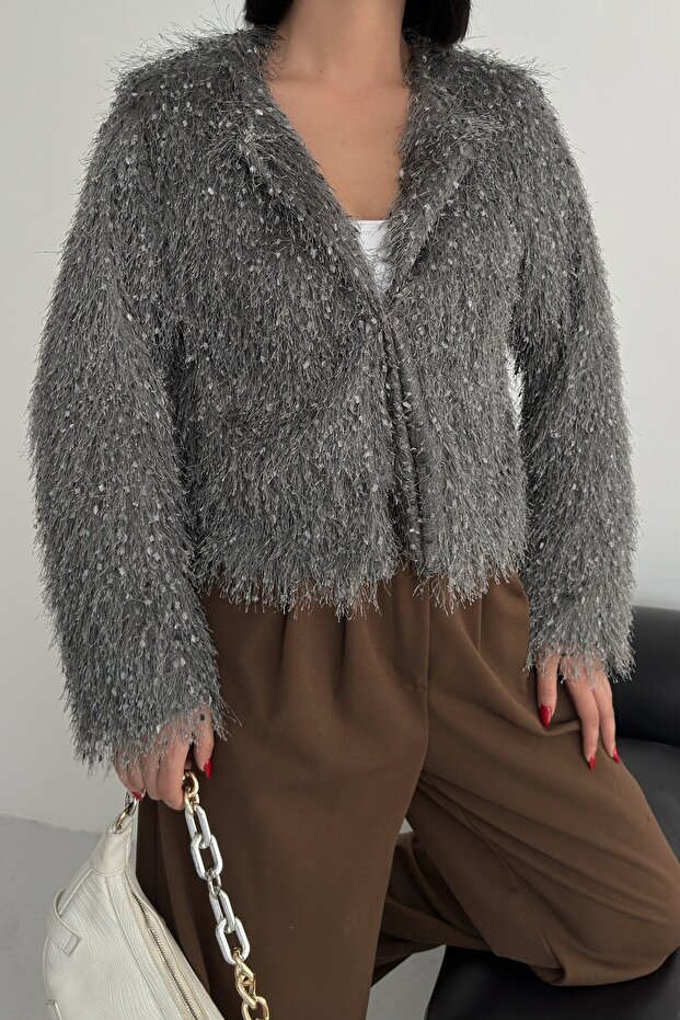Collarless Imported Tasseled Anthracite Fur Coat