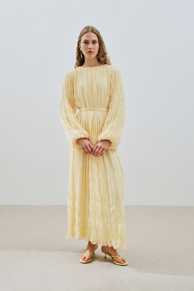 PİLİSELİ ŞİFON ELBİSE SOFT SARI - 2