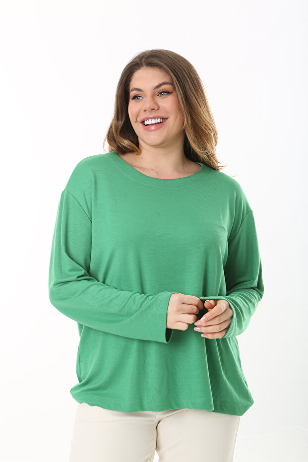 Women's Plus Size Green Crew Neck Long Sleeve Blouse 65N37498