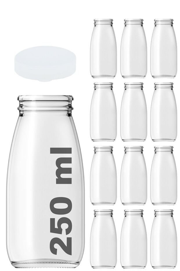 250 ml Transparent Milk, Ayran, Water, Lemonade, Soft Drink Bottle 250 Cc Glass Bottle with Strap Lid 12 Pieces