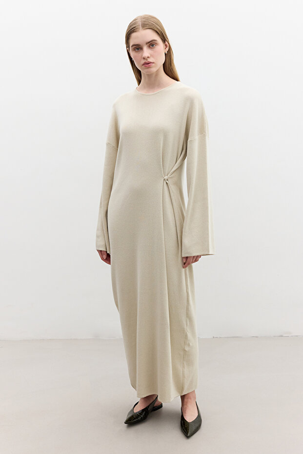 TRİKO BAĞLAMALI ELBİSE BEJ - 1