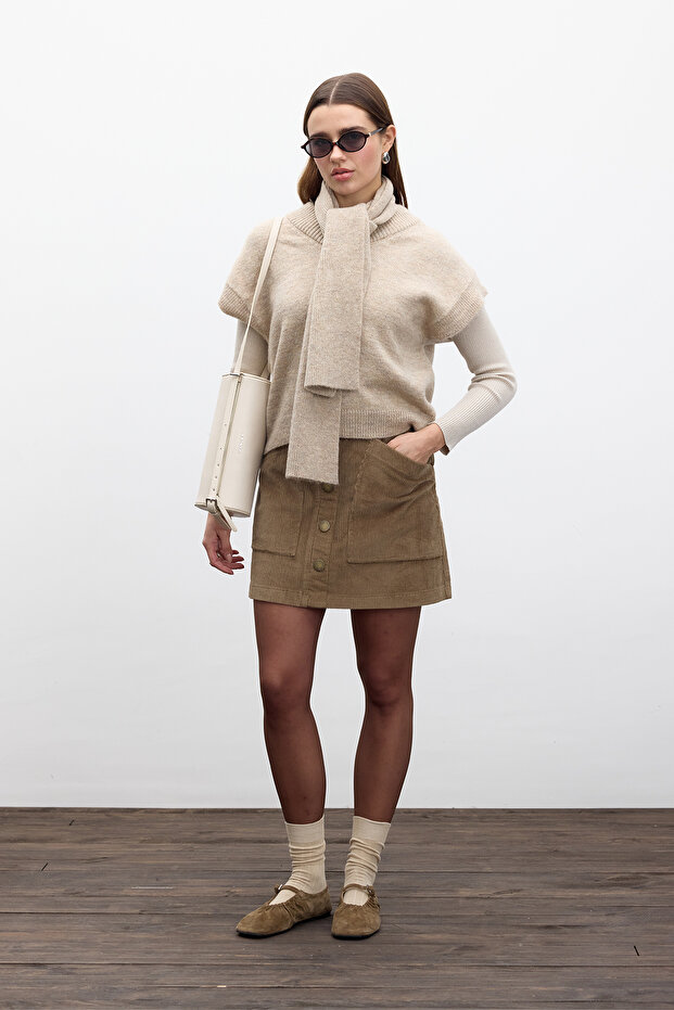 FİTİLLİ KADİFE MİNİ ETEK CAMEL - 1