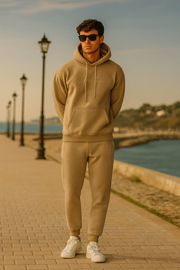 Oversize Vizon Renk Kapüşonlu Eşofman Takımı - 2