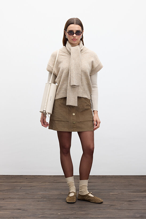 FİTİLLİ KADİFE MİNİ ETEK CAMEL - 2