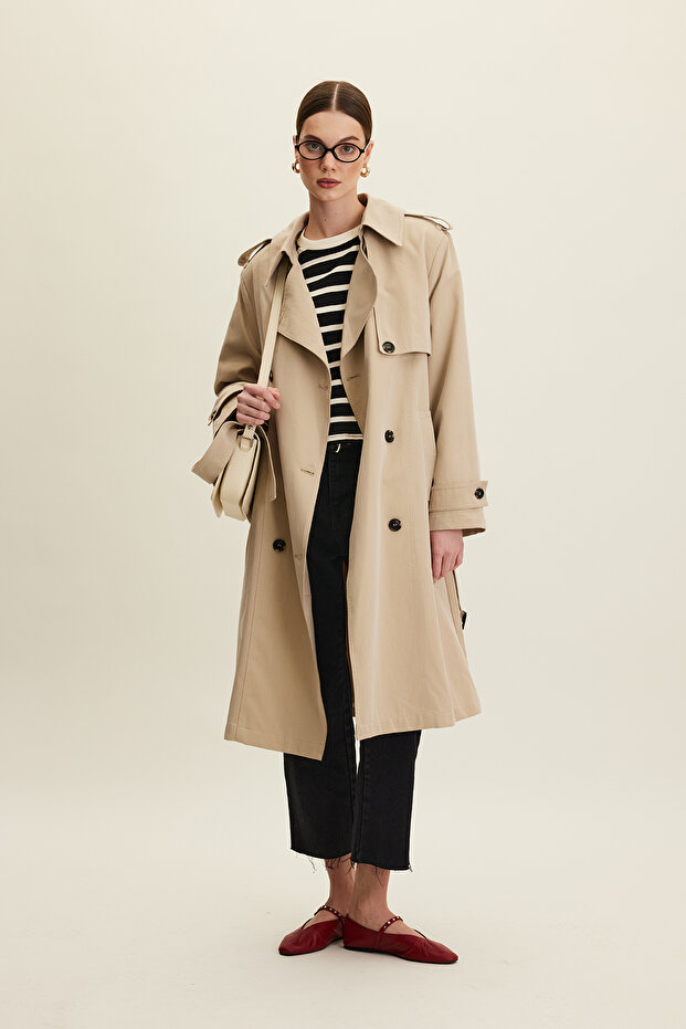 Anika Stone Color Double Breasted Trench Coat with Belt - 1