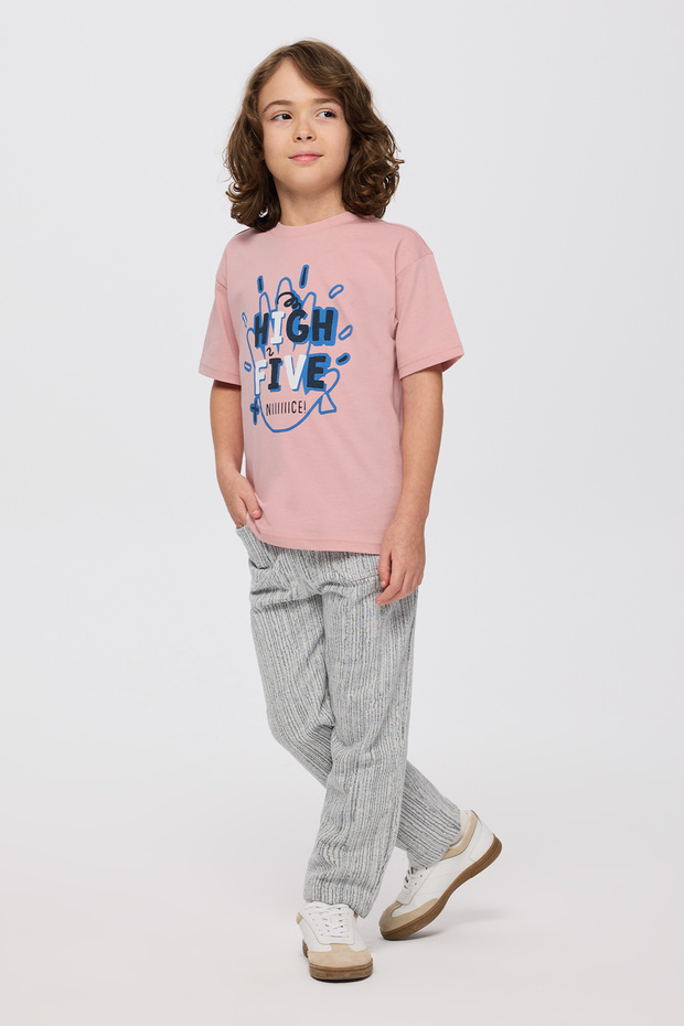 Boy's Printed Crew Neck Short Sleeve Pink T-Shirt
