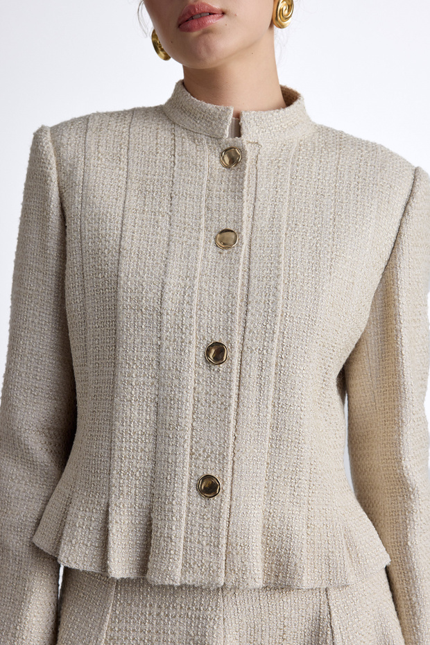 Beige Textured and Buttoned Jacket - 4