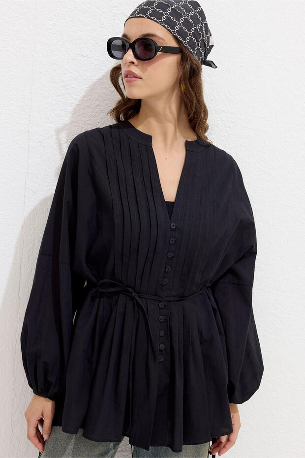 Fekete Voile tunika - bordás részletekkel - 2