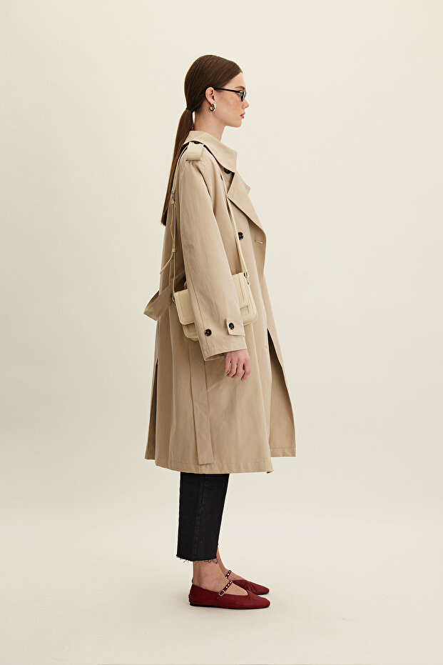 Anika Stone Color Double Breasted Trench Coat with Belt - 5