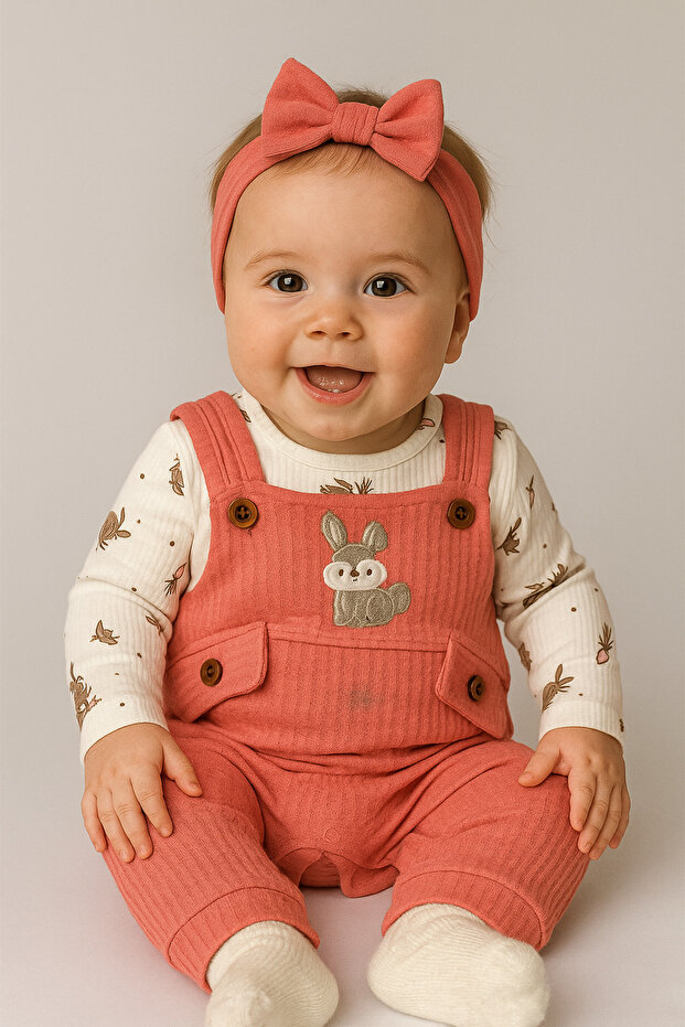 Rabbit Embroidered Baby Girl Jumpsuit (Without Bandana)
