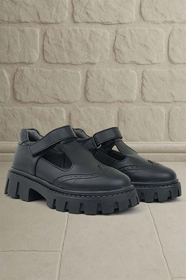 Black Matte Velcro Girls' School Shoes