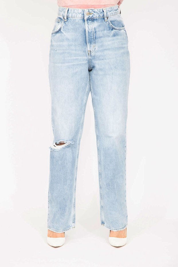 Women's Large Size Blue Wash Effect Ripped Detailed High Waist Jeans 65N37274