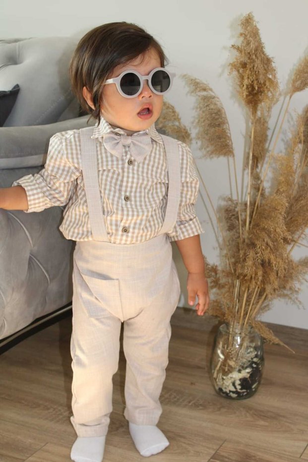 Cream Gingham Baby Boy Children's Shirt Salopette Bow Tie Set