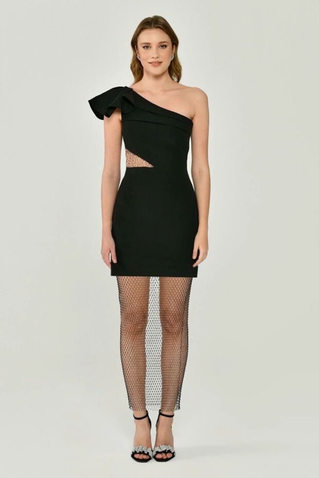 KADIN ABİYE TEK OMUZ ÜST YAN VE ETEĞİ TAŞLI FİLE ELBİSE - 1