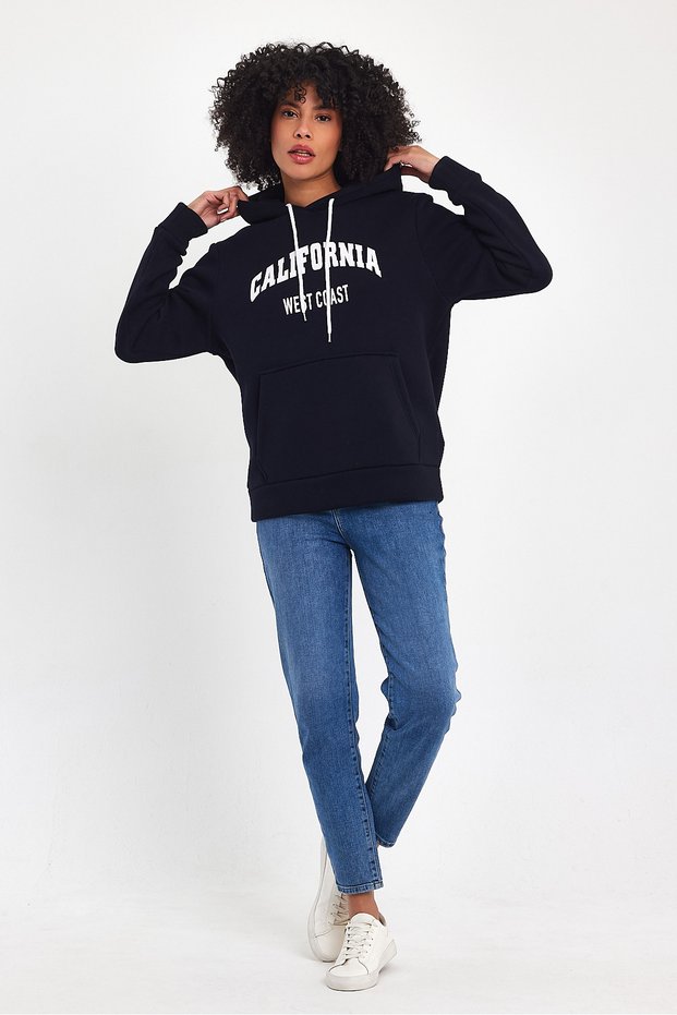 Women's Hooded Comfortable Fit Inner Fleece 3 Thread Kangaroo Pocket California West Printed Sweatshirt