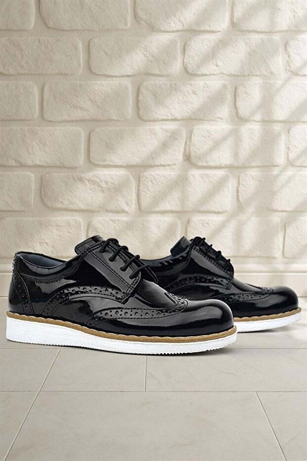 Hidra Genuine Leather Black Patent Leather Lace-Up Boys' Classic Shoes