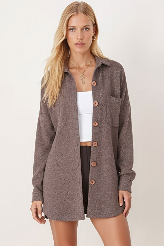Women's Light Brown Oversize Shirt with Stitched Pocket Arm-22y001156