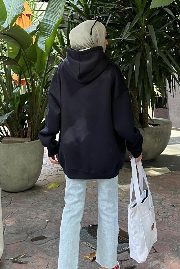 Hooded 3-Thread Kangaroo Pocket Ribbed Elastic Waist Sweatshirt Navy Blue