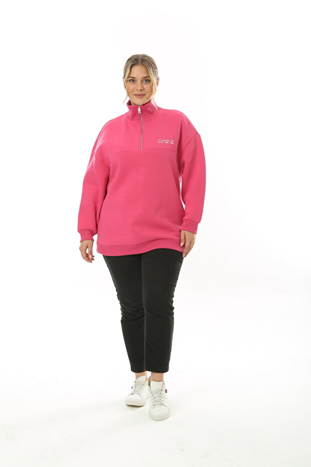 3 Thread Inside Fleece Zippered High Collar Slogan Printed Oversized Sweatshirt Fuchsia - 3