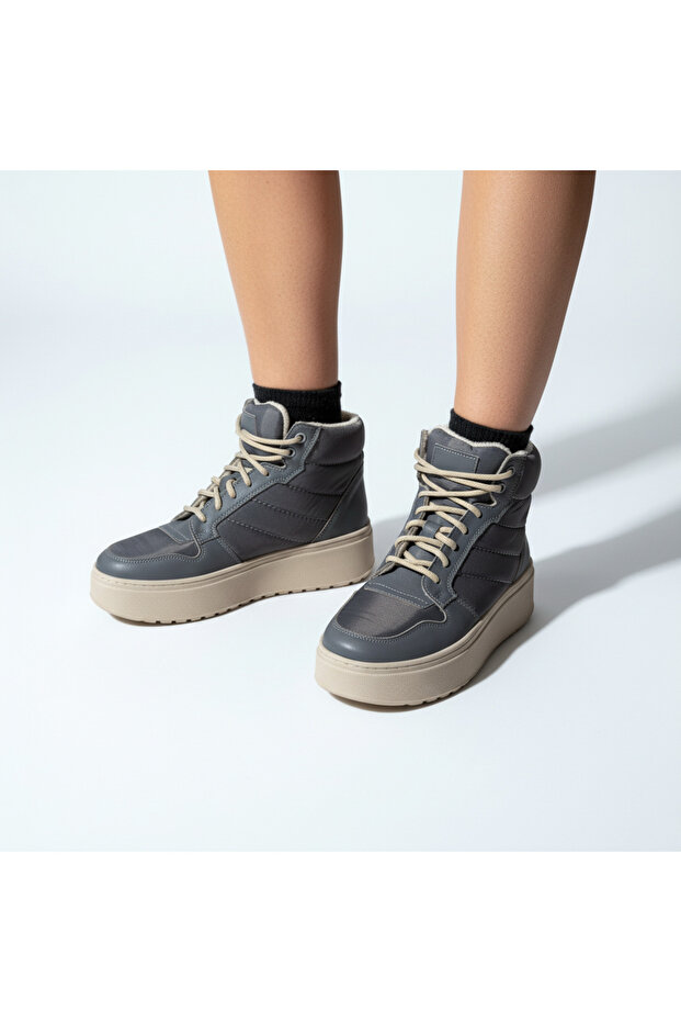 Gri Deri Tekstil Kadın Sneaker Bot - 5