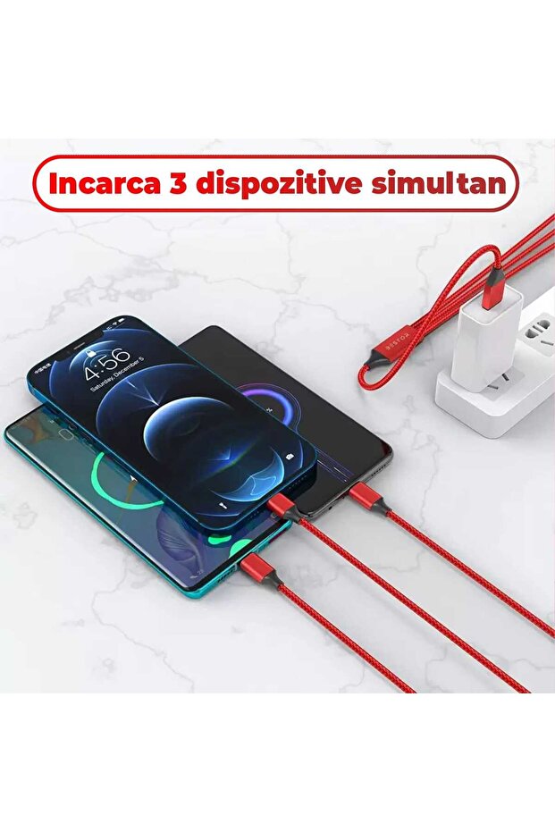 Data and Fast Charging Cable, 3 in 1,40W, QC 3.0, USB, USB-C, Lightning, 1.2m, Red - 3