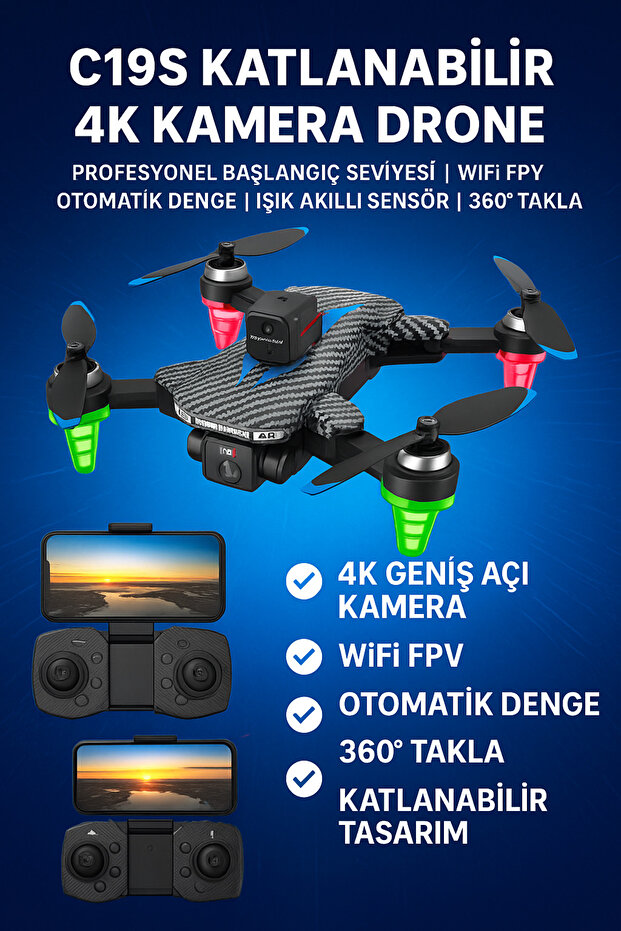 Katlanabilir 4K Kamera Drone | WiFi FPV, 360° Takla, Işık Sensörü C19S - 1