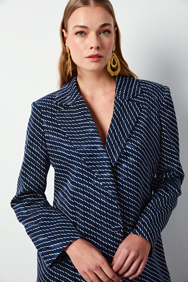 سترة مخططة - أزرق داكن - 4