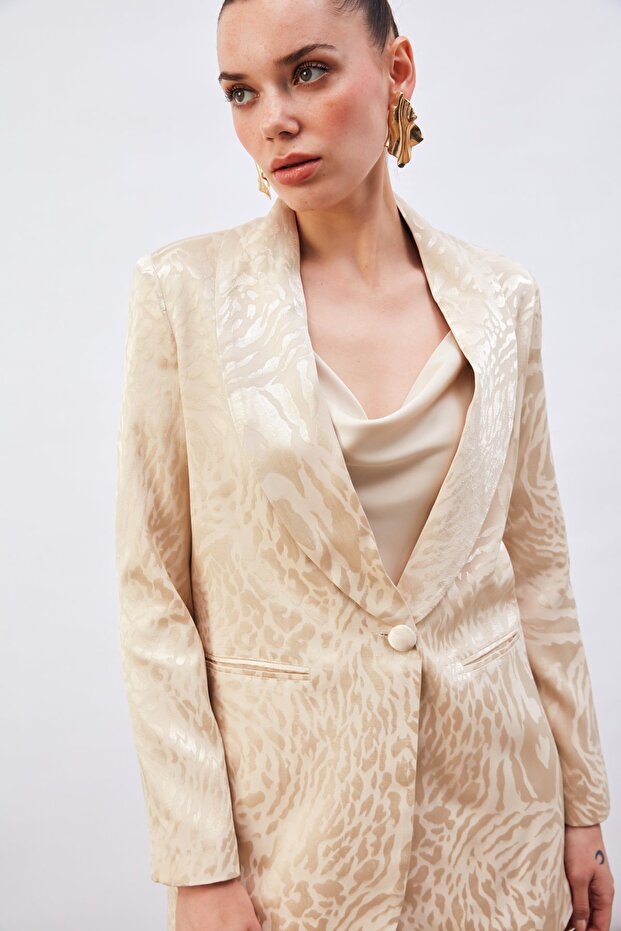 Beige Patterned Satin Jacket - 3